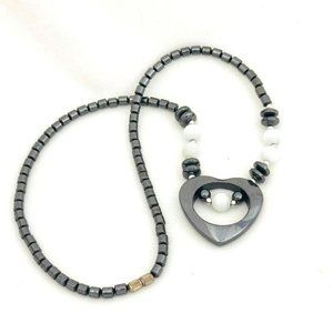 Vintage Hematite & White Cat's Eye Selenite Gemstone Necklace